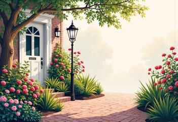 Charming residential courtyard featuring a decorative lamp post and vibrant flowers