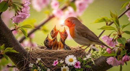 Robin feeding chicks in nest springtime