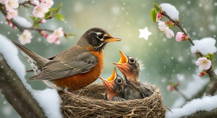 Robin feeding chicks in nest with snow and blossoms