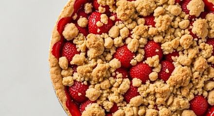 Delicious homemade strawberry crumble pie bursting with fresh fruit and a golden crunchy topping