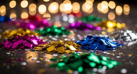 Vibrant confetti piles in rainbow colors with festive bokeh lights create a celebratory mood for parties