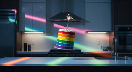 Rainbow cake with sparkler in a modern kitchen with colorful light beams