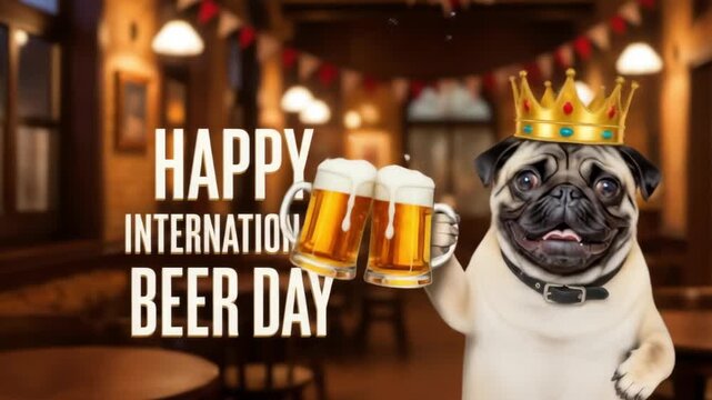 Happy International Beer Day! King Pug Cheers with Beer Steins in Festive Pub