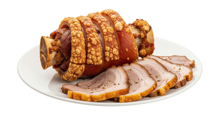 Delicious roasted pork knuckle with crispy crackling served sliced on a white plate