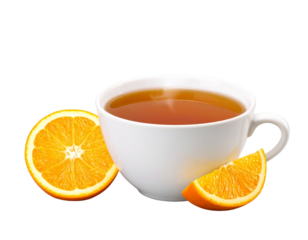 Orange Slice with Cup of Tea, Side View, Isolated