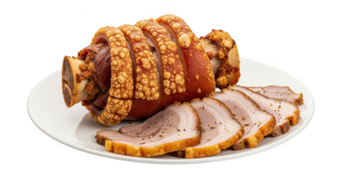 Delicious roasted pork knuckle with crispy crackling served sliced on a white plate