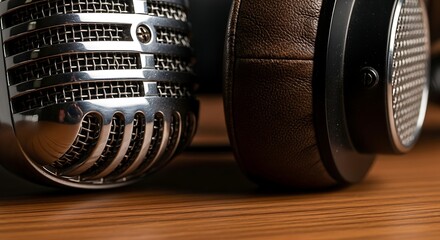 Vintage microphone and luxury headphones create a professional audio setup for recording artists and producers.