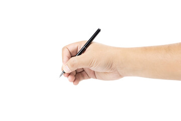 Hand holding a black pen in a writing position with copy space. isolated on white background with clipping path.