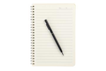 Black pen on a spiral notebook, flat lay of office and school supplies. isolated on white background with clipping path.