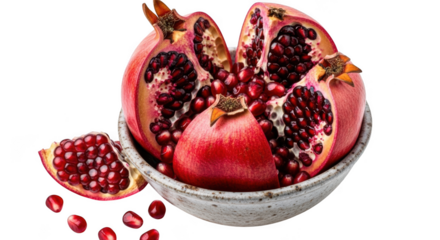 Freshly cut pomegranate reveals juicy arils in a bowl vibrant red fruit