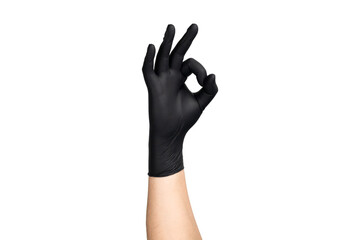 Hand in black glove showing OK sign gesture for approval. isolated on white background with clipping path.