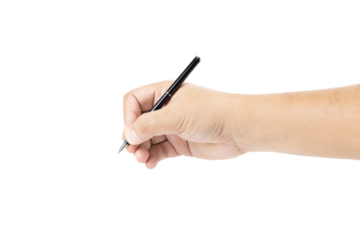 Hand holding a black pen in a writing position with copy space. isolated on white background with clipping path.