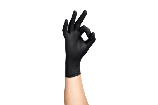 Hand in black glove showing OK sign gesture for approval. isolated on white background with clipping path.