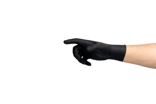 Hand in black glove pointing finger to touch or select. isolated on white background with clipping path.