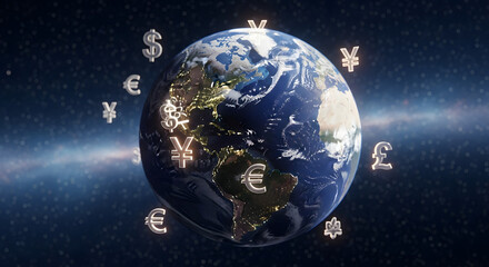 Fototapeta premium Global Finance Earth Surrounded by International Currency Symbols in a Stellar Background