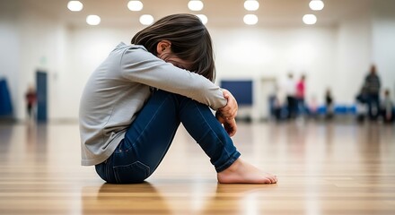 Sad child sitting alone on gym floor feeling isolated with others blurred in distance