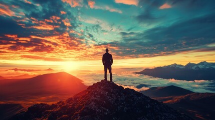Fototapeta premium A man standing on a rocky peak overlooking a stunning sunset with vibrant clouds and mountains in the background.
