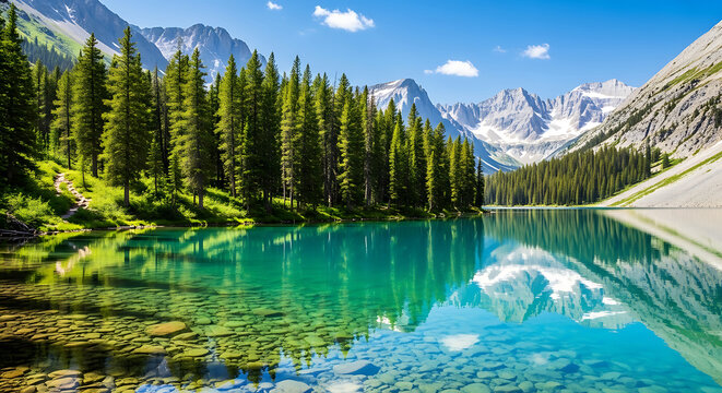 Turquoise lake reflects snowcapped mountains and pine trees in banff national park