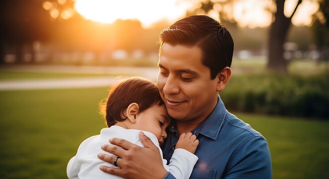 Father and son embracing outdoors in the golden light.