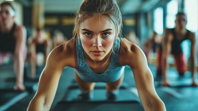 A woman in a gym doing a push-up with a group of people in the background.