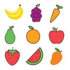 A vibrant collection of nine individual, hand-drawn fruits and vegetables, each with a simple outline and bright colors.