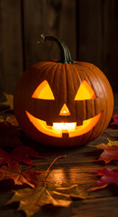 Vertical Halloween pumpkin with candle and autumn leaves.  AI-generated