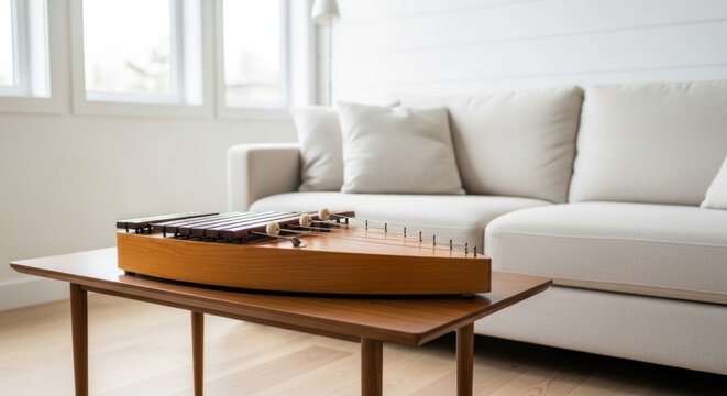Serene Modern Living Room: Wooden Kantele on Coffee Table