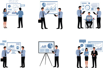 Business meeting illustration set, team discussion with charts and analytics, office collaboration, flat design corporate teamwork vector for presentations