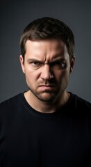 Naklejka premium Close-up portrait of a man with an angry expression. He's wearing a dark top against a gray backdrop