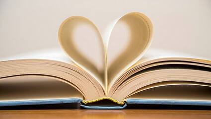 Fototapeta premium Open book pages forming heart shape; romantic, literary, love, reading, education concept.