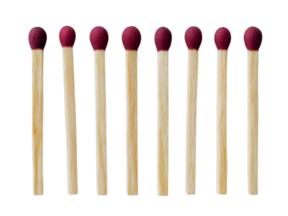 Eight wooden matches with red tips neatly arranged in a row, highlighting a simple yet essential tool for ignition.