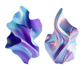 Iridescent abstract wave sculptures transparent image set. Shimmering fluid shapes isolated cutouts 3d render. Holographic tones forms cut outs cliparts design elements png collection