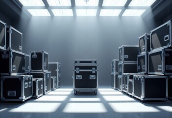Equipment cage custodian near a stack of flight cases in a well-lit space