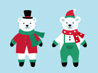 Set of cute Christmas white polar bears characters flat vector stock illustration.
Polar bear in clothes clipart.
Design for greeting card, poster, invitation.