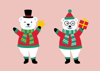 Set of cute Christmas white polar bears characters flat vector stock illustration.
Polar bear in clothes clipart.
Design for greeting card, poster, invitation.