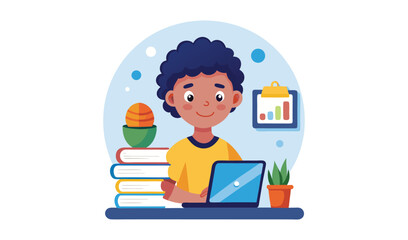 Happy young boy studying and working on a laptop at a desk