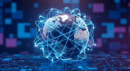 Global Network Digital Globe Surrounded by Glowing Connections, Illustrating Worldwide Communication