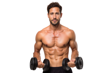 Fit man with perfect abs lifting dumbbells