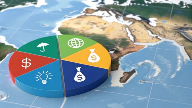 A colorful pie chart overlays a world map, representing financial concepts like investment, risk, and global markets. - Powered by Adobe