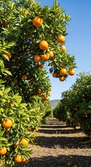 Lush citrus orchard with ripe oranges hanging heavy from branches.