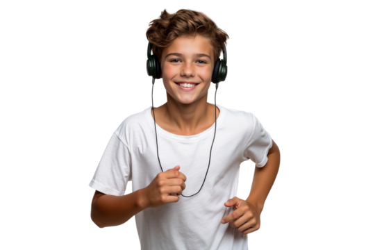 Young boy jogging while listening to music with headphones - Powered by Adobe
