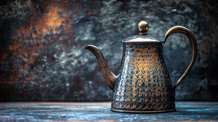 A vintage, ornate metal teapot with a handle and spout, placed on a rustic wooden table against a dark, textured background.