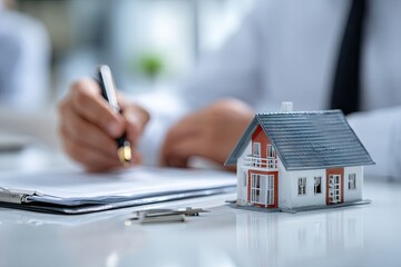 Person signing document with house model on table, symbolizing real estate decisions