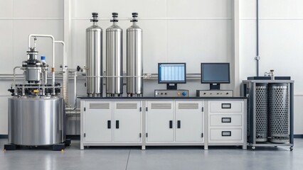 A modern laboratory setup featuring large stainless steel tanks, computer monitors, and a filtration unit, showcasing advanced technology for scientific research.