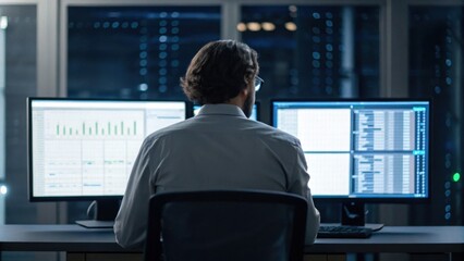 Fototapeta premium A focused individual analyzes data on dual computer screens in a modern office setting, illuminated by city lights at night.