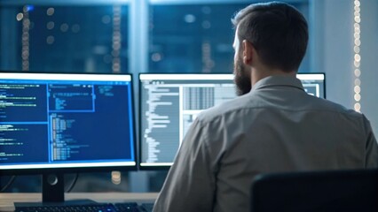 A man with a beard sits in front of dual computer monitors, working on programming or coding in a modern office environment.