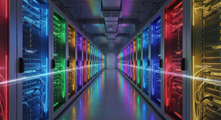 Colorful server room with illuminated racks and vibrant lights creating a futuristic atmosphere