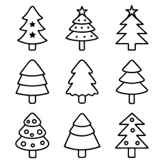 Fototapeta premium Simple line art christmas tree icons with star and ornament details