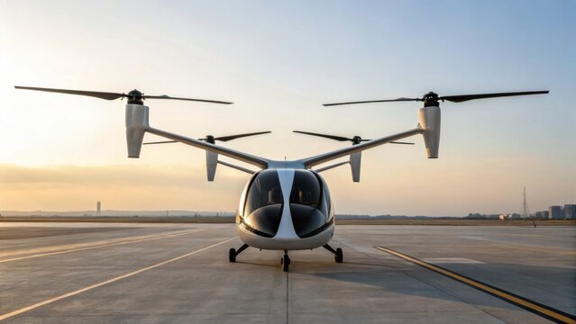 A futuristic eVTOL vehicle positioned on an airport runway, showcasing advanced rotor technology against a sunset backdrop.