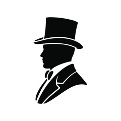 Elegant vintage silhouette of gentleman in top hat and bow tie, classic Victorian retro profile illustration for design and decoration.